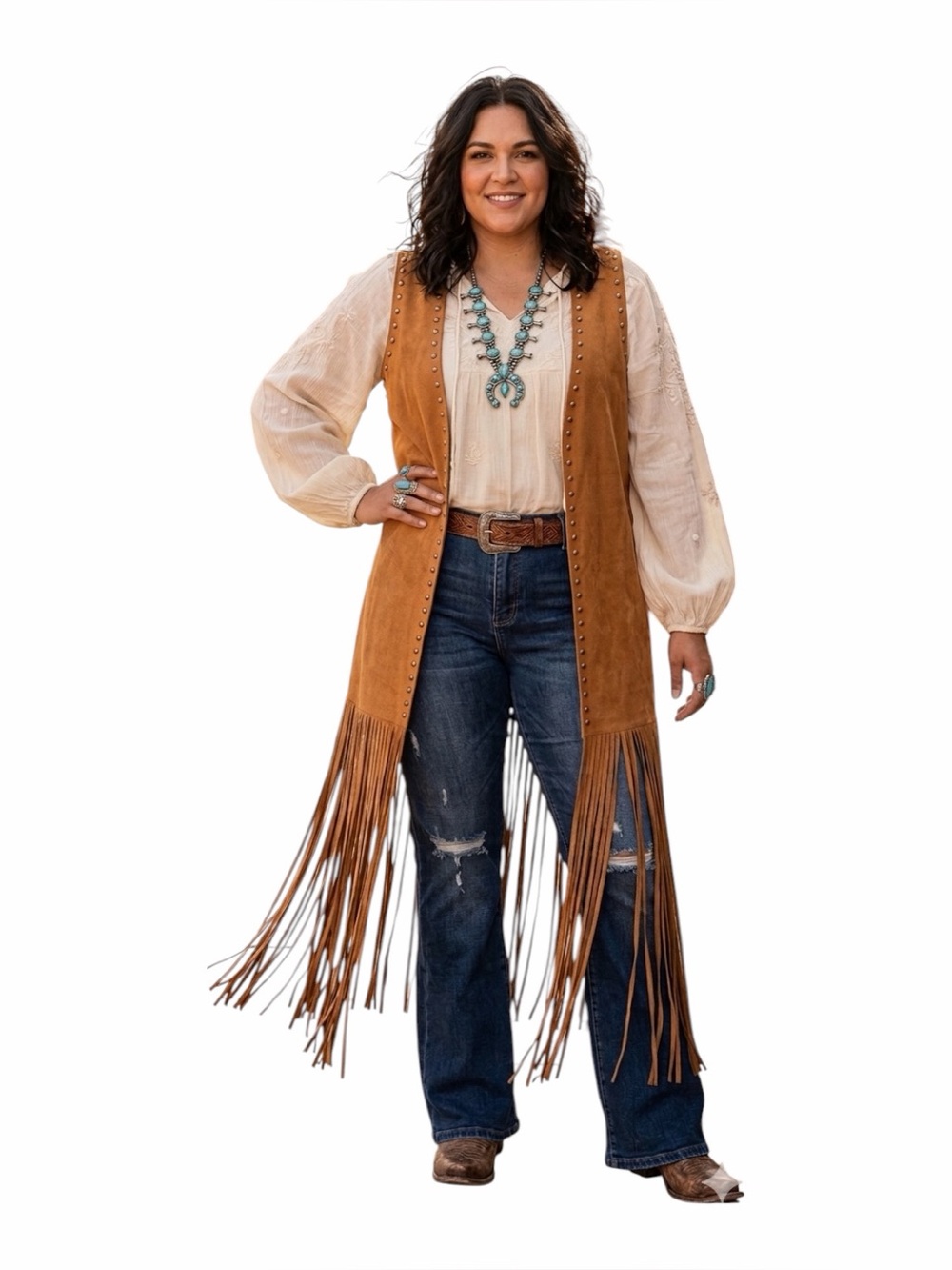 Crazy Train Faux Suede Studded Fringe Vest Duster Rust Brown Size M/L